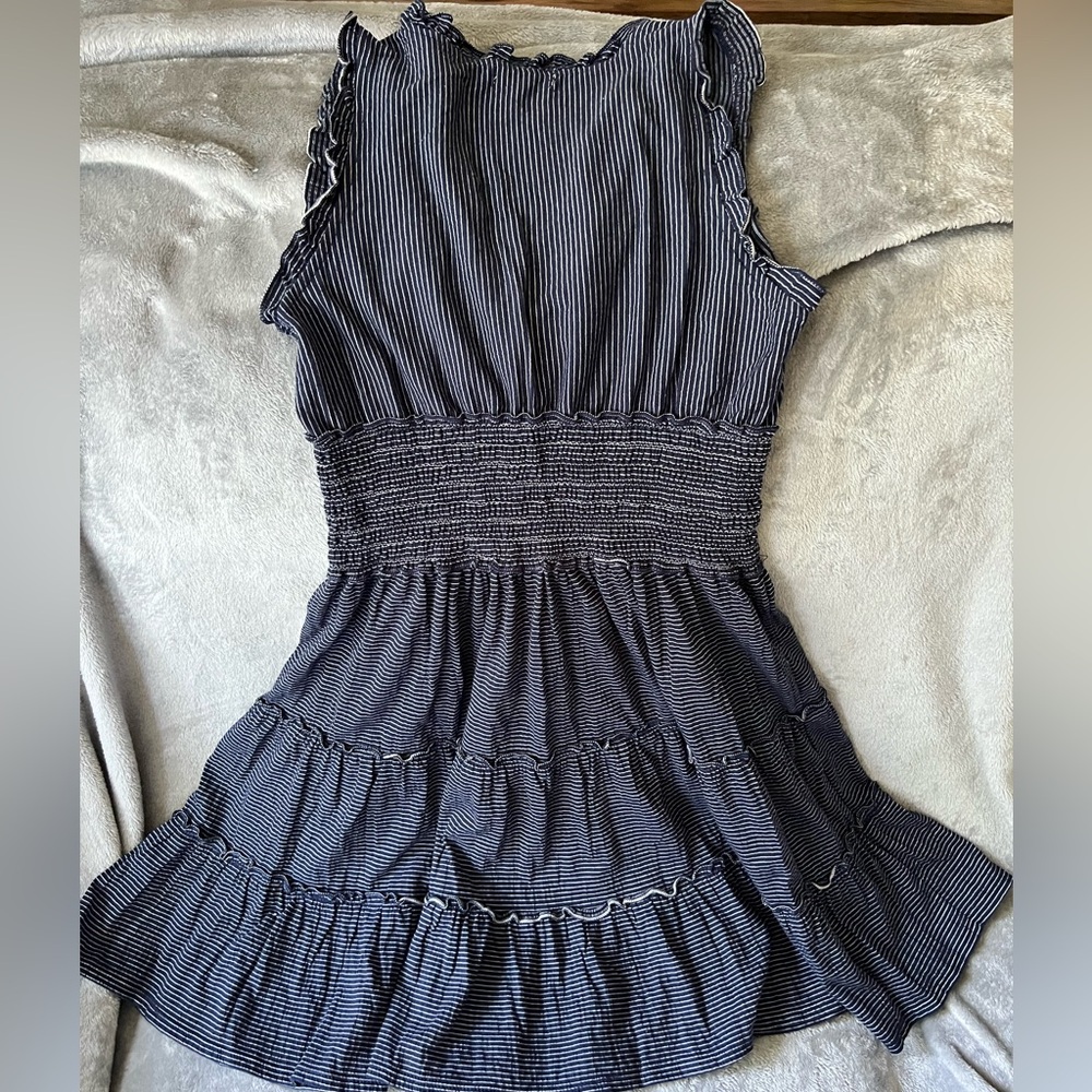 Max studio, midi sun dress, elastic waist band, deep V neck, ruffle trim